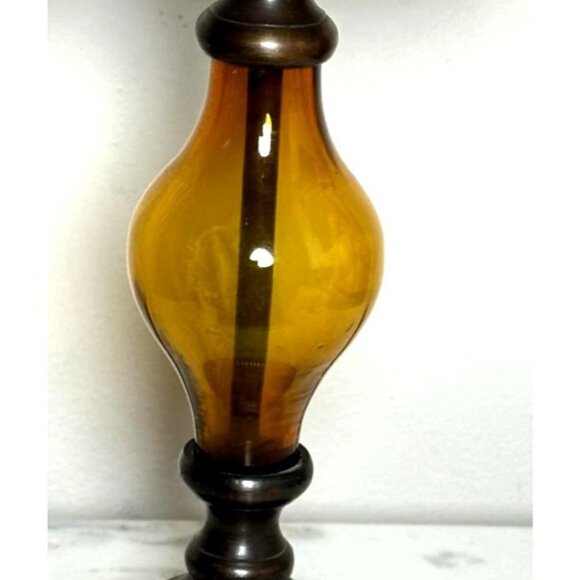 Amber Glass Pedestal Candle Holder Antique Brass Tone Pillar Candlestick Neutral - Picture 4 of 7